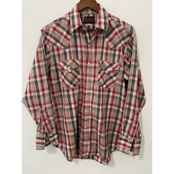 Plains Other - Plains Western Wear Mens Shirt M Long Sleeve Pearl Snap Red Plaid